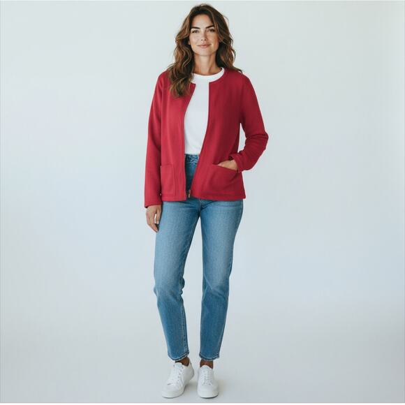 Eileen Fisher Red Knit Cotton Sweater Cardigan Front Zip Pockets Small - Picture 12 of 12